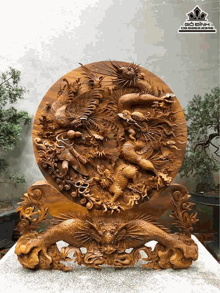 Đĩa Tứ Linh gỗ Bách Xanh 