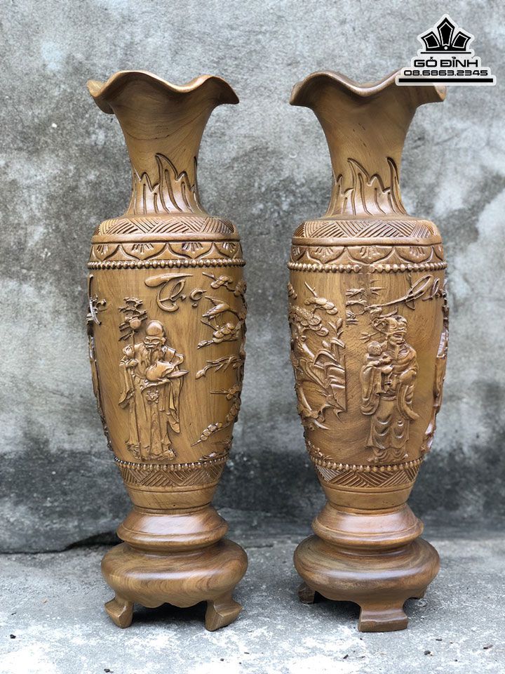 Cặp Lục Bình Tam Đa Phúc Lộc Thọ Gỗ Bách Xanh 