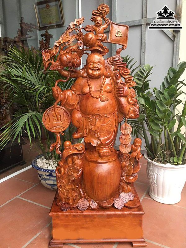 Tượng Phật Di Lặc Ngũ Phúc Vác Cành Đào Gỗ Hương