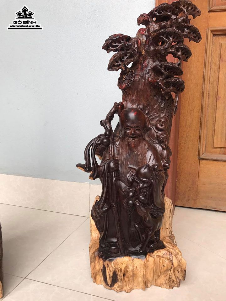 Tượng Ông Thọ Đứng Gốc Tùng Gỗ Trắc Đỏ Đen 