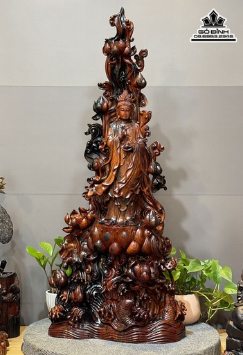 Tượng Phật Quan Âm đứng đài sen gỗ trắc