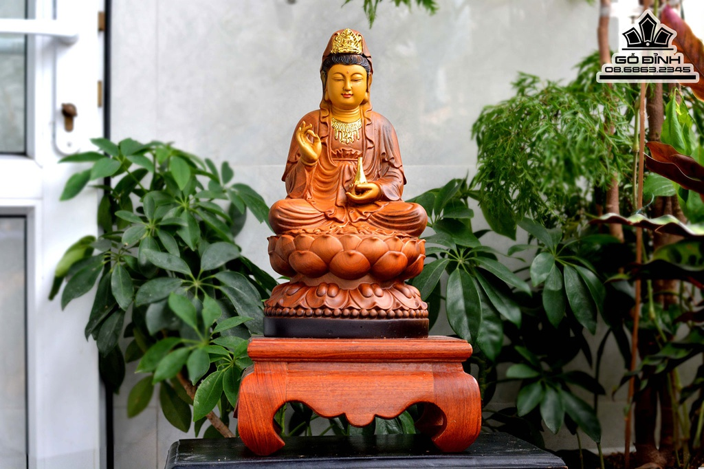 Tượng Phật Bà Quan Âm ngồi đài sen gỗ bách xanh