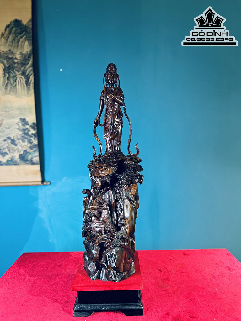 Tượng Phật Bà Quan Âm Đại Thế Chí gỗ trắc liền khối