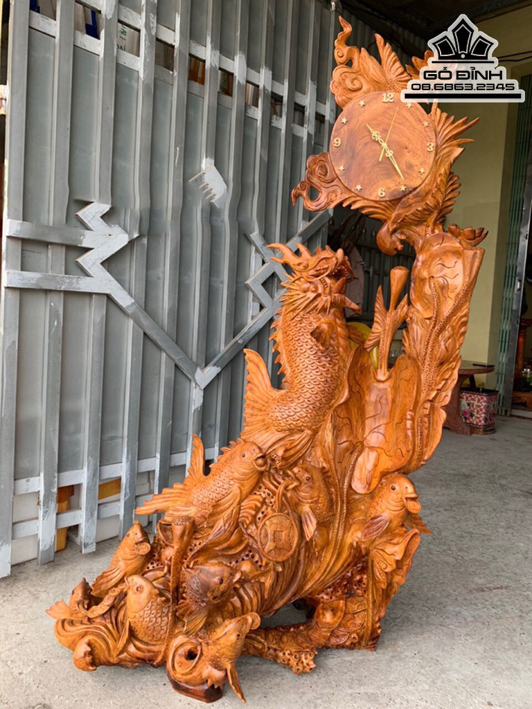 Tượng Cửu Ngư Vượt Long Môn Đồng Hồ Gỗ Hương tại Gỗ Đỉnh Cao 164 Ngang 109 Sâu 50 (cm)