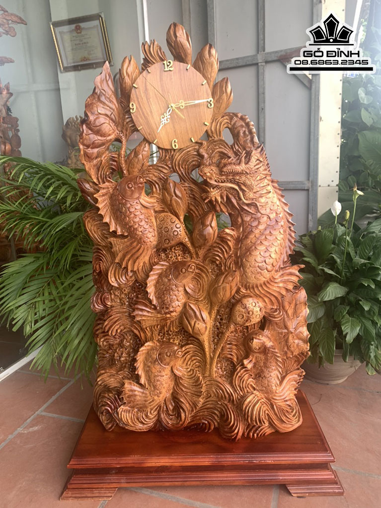 Tượng Đồng Hồ Cá Chép (Ngũ Ngư) Gỗ Hương Việt Cao 114 Ngang 62 Sâu 25 (cm)