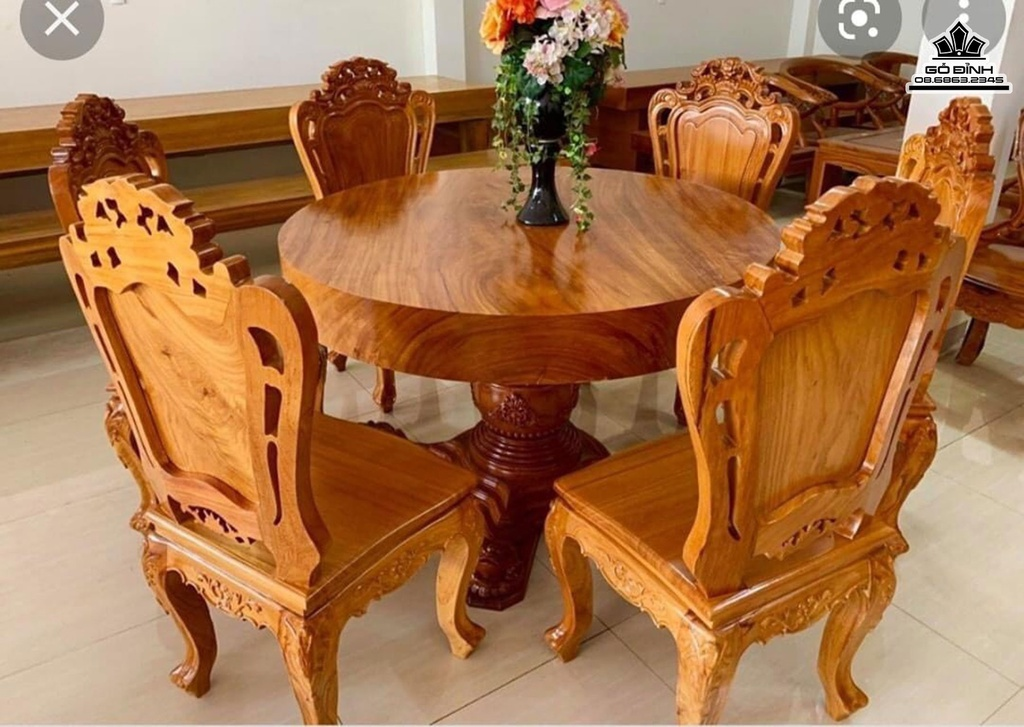 Bộ Bàn Ghế Hoàng Gia Gỗ Gõ Vàng Bàn Đường Kính 130 Dày 18 (cm) - Giá tham khảo: 52.000.000 ₫