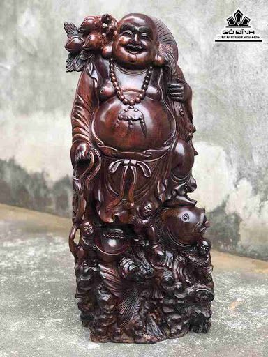 Phật Di Lặc cưỡi Cá Chép gỗ Trắc