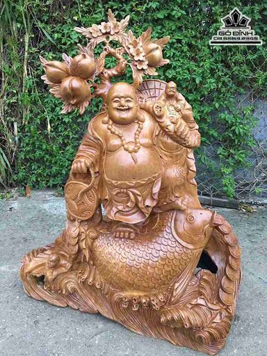 Phật Di Lặc cưỡi Cá Chép gỗ Trắc
