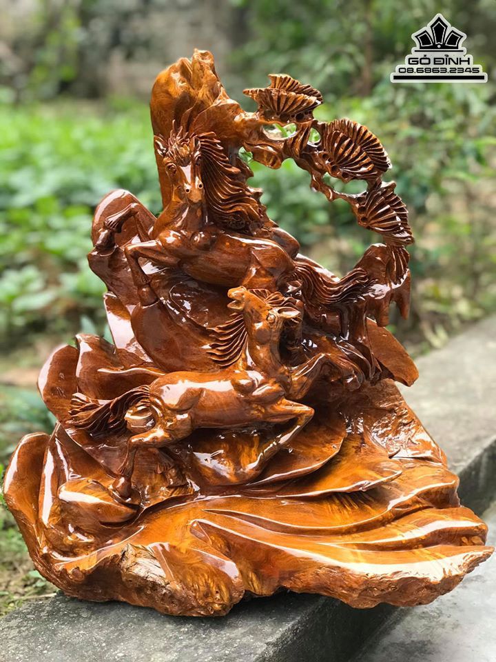 Tượng Song Mã Uyên Ương Gỗ Nu Nghiến 