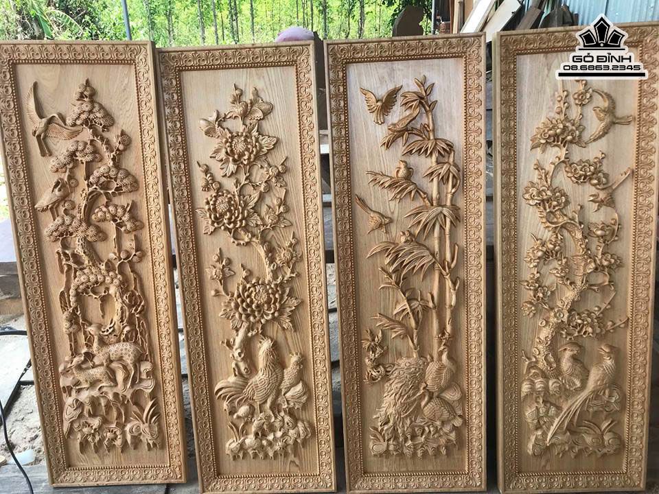 Tranh Tứ Quý Tùng Cúc Trúc Mai gỗ pơ mu