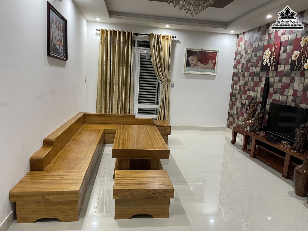 Bộ Bàn Ghế Phòng Khách Chữ  L Gỗ Gõ Vàng 2
