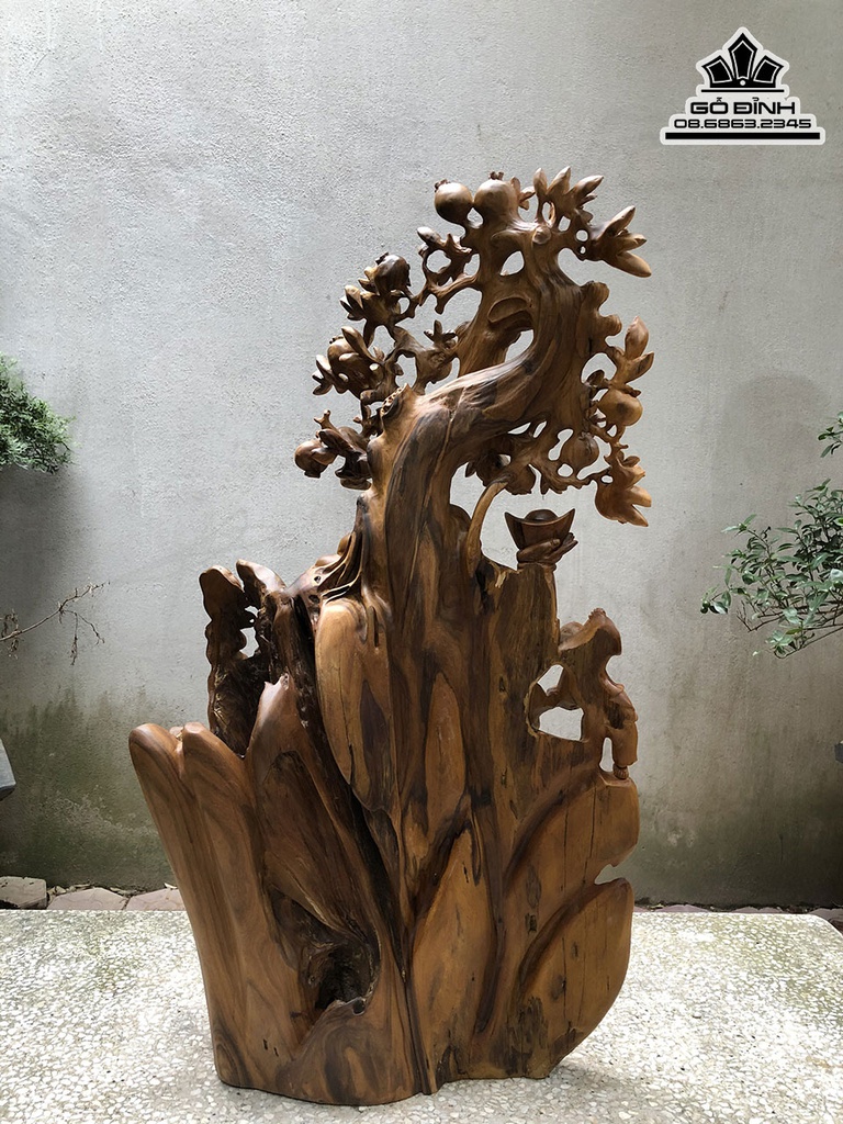 Tượng Di Lặc Ngũ Phúc Gỗ Bách Xanh Cao 86 Ngang 50 Sâu 25 (cm)