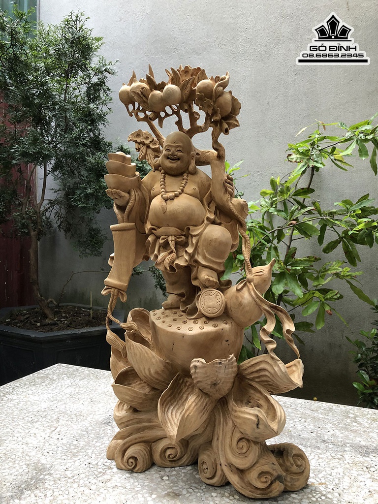 Tượng Phật Di Lặc Vác Cành Đào Gỗ Ngọc Am Cao 72 Ngang 36 Sâu 20 (cm) 5