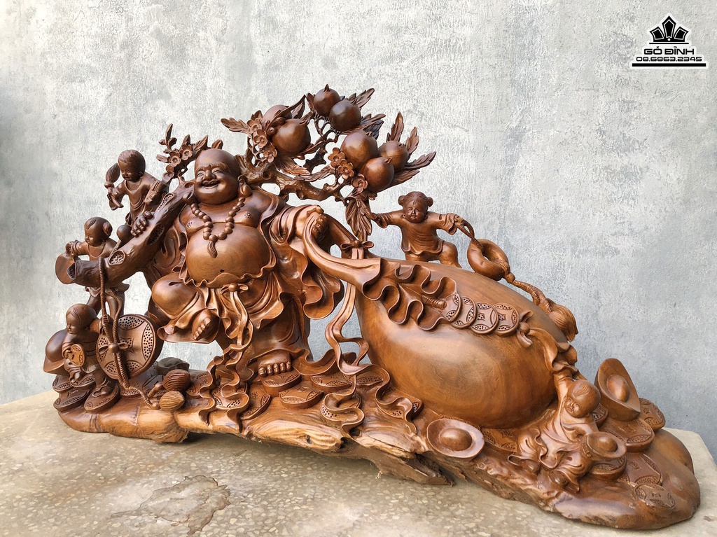 Tượng Phật Di Lặc Kéo Bao Tiền Gỗ Xá Xị (Gù Hương) Cao 56 Ngang 100 Sâu 22 (cm) 2