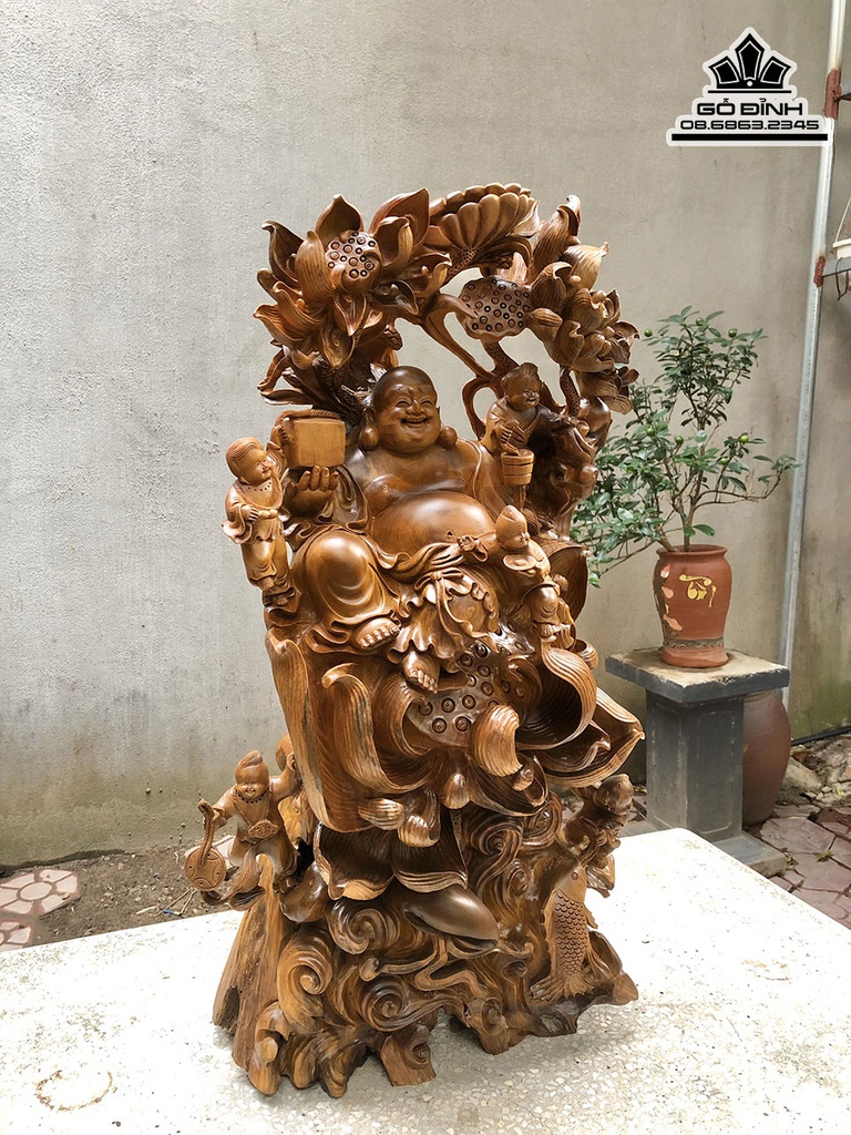 Tượng Phật Di Lặc Ngồi Đài Sen Gỗ Bách Xanh Cao 88 Ngang 46 Sâu 32 (cm) 0