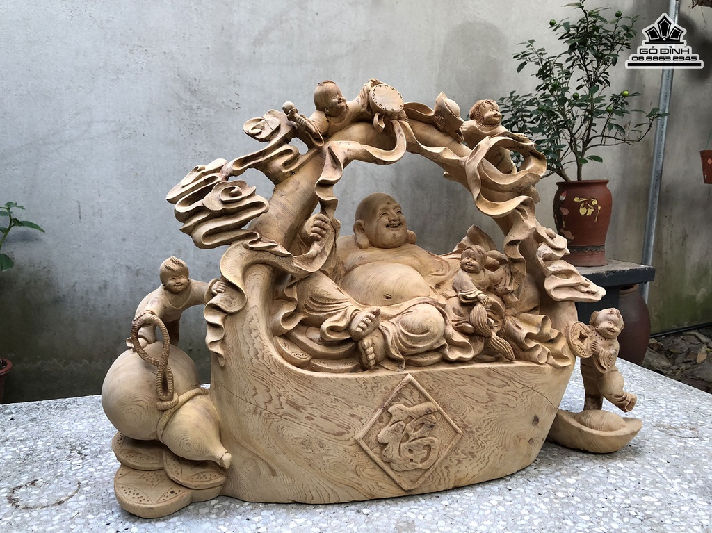 Tượng Phật Di Lặc Ngũ Phúc Gỗ Ngọc Am Cao 45 Ngang 62 Sâu 22 (cm) 3