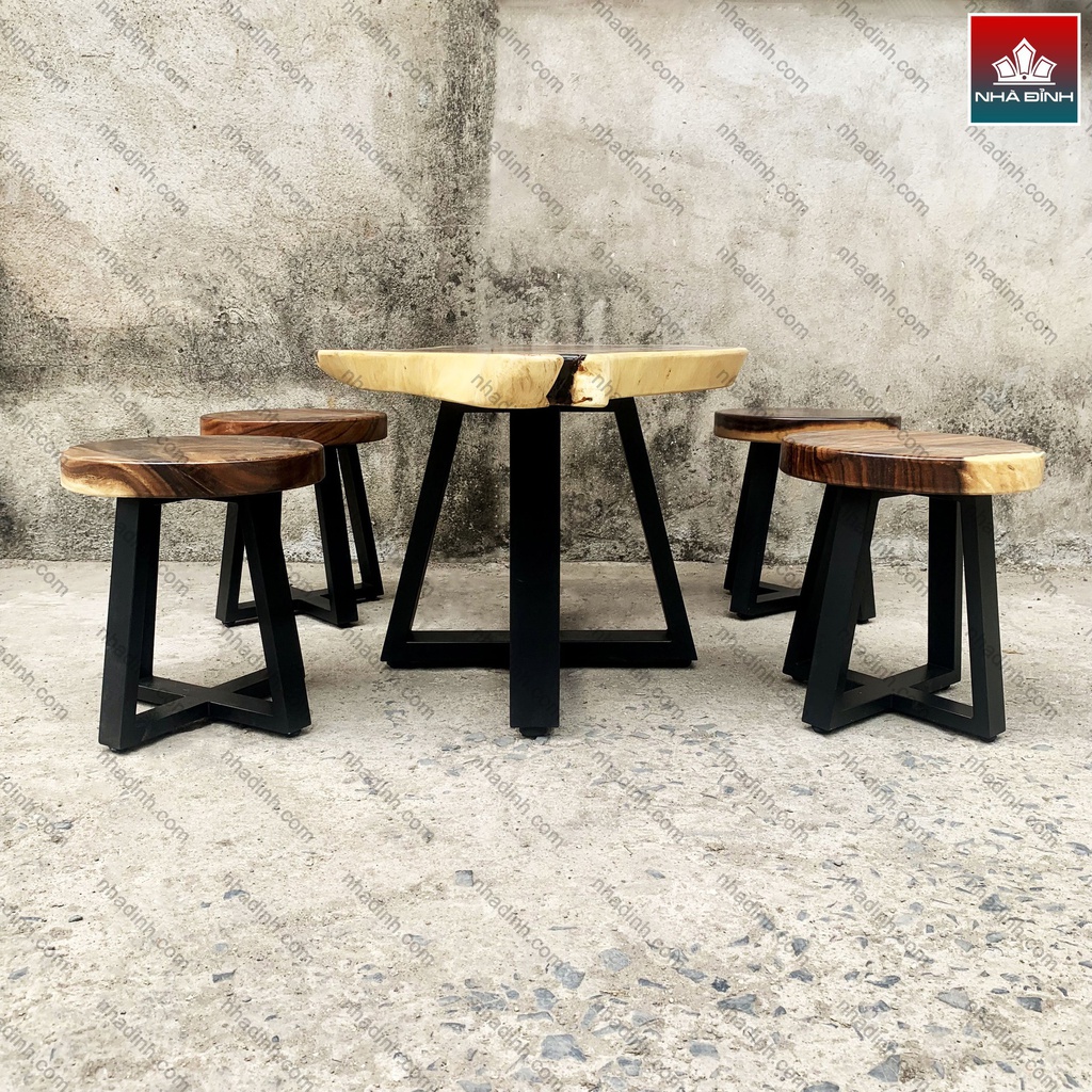 Bộ Bàn Trà 5 Ghế Đẩu Gỗ Me Tây Bàn Dài 100 Rộng 55 Dày 5 Cao 55 Ghế Đường Kính 30 Mặt Dày 5 Cao 35 (cm)