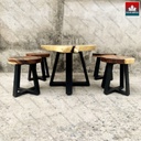 Bộ Bàn Trà 5 Ghế Đẩu Gỗ Me Tây Bàn Dài 100 Rộng 55 Dày 5 Cao 55 Ghế Đường Kính 30 Mặt Dày 5 Cao 35 (cm)