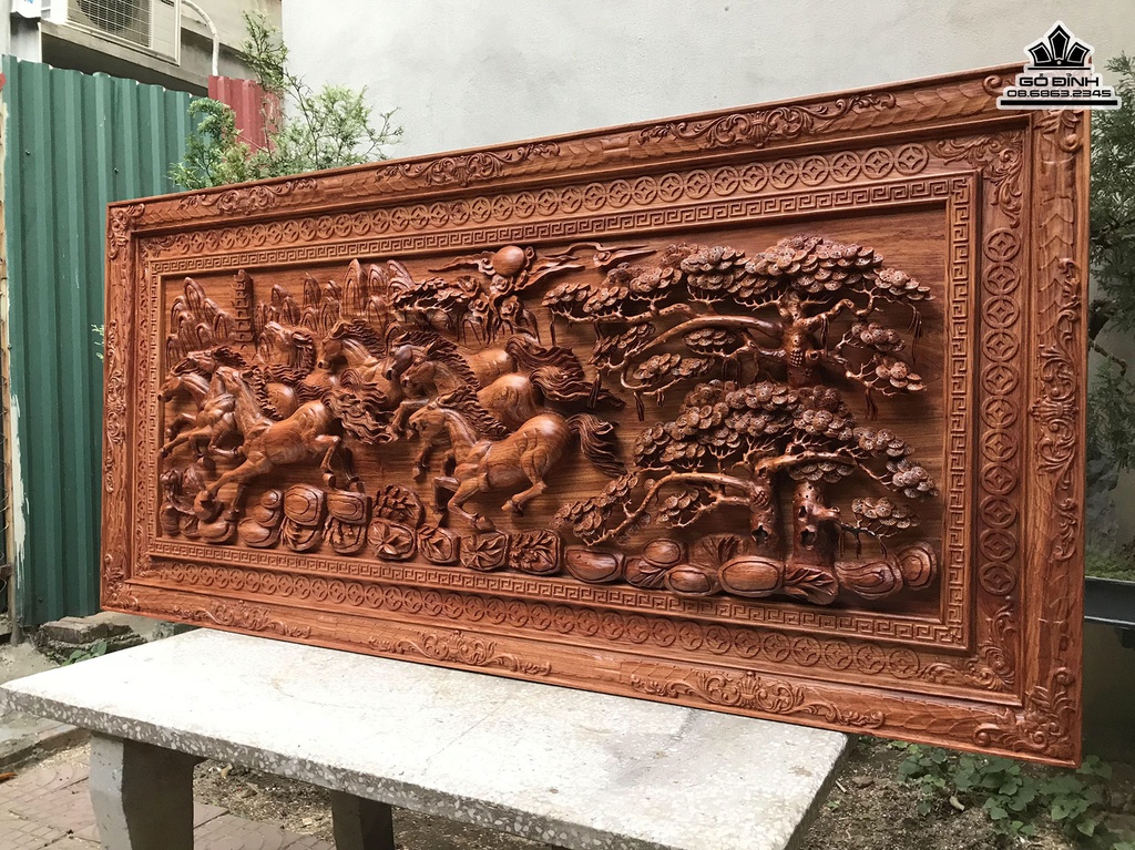 Tranh Gỗ Tranh Ngựa Bát Mã Gỗ Hương Đá Cao 83 Ngang 175 Sâu 7(cm) 0