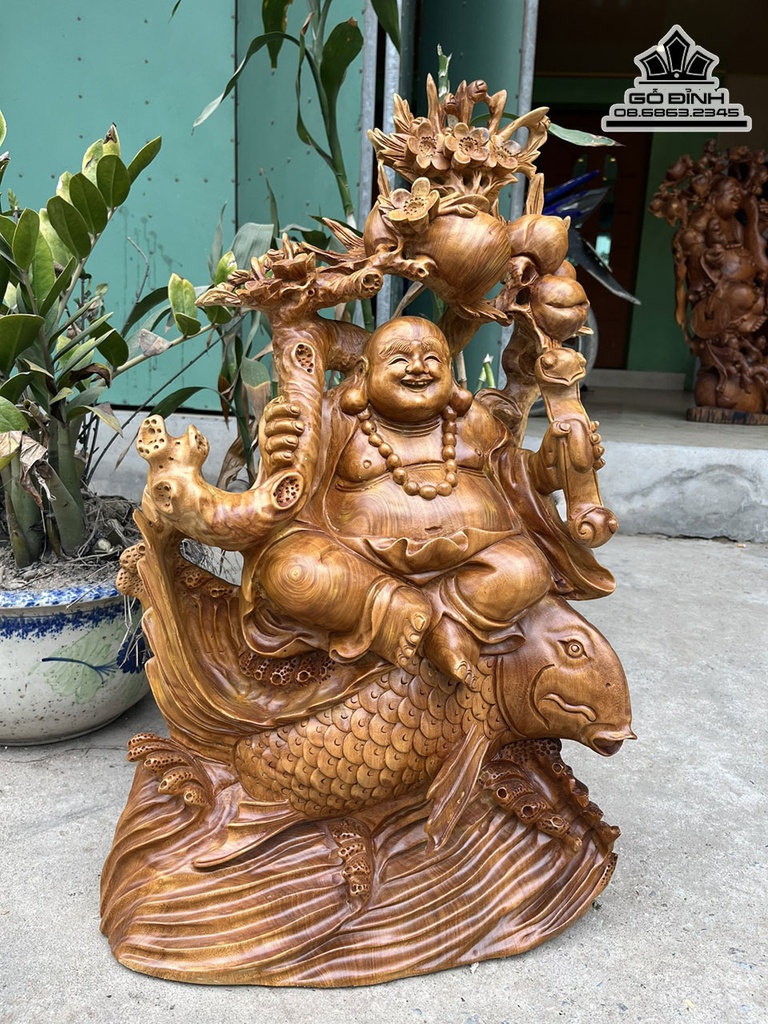 Tượng Phật Di Lặc Ngồi Cá Gỗ Xá Xị (Gù Hương) Cao 70 Ngang 40 Sâu 20 (cm) 2