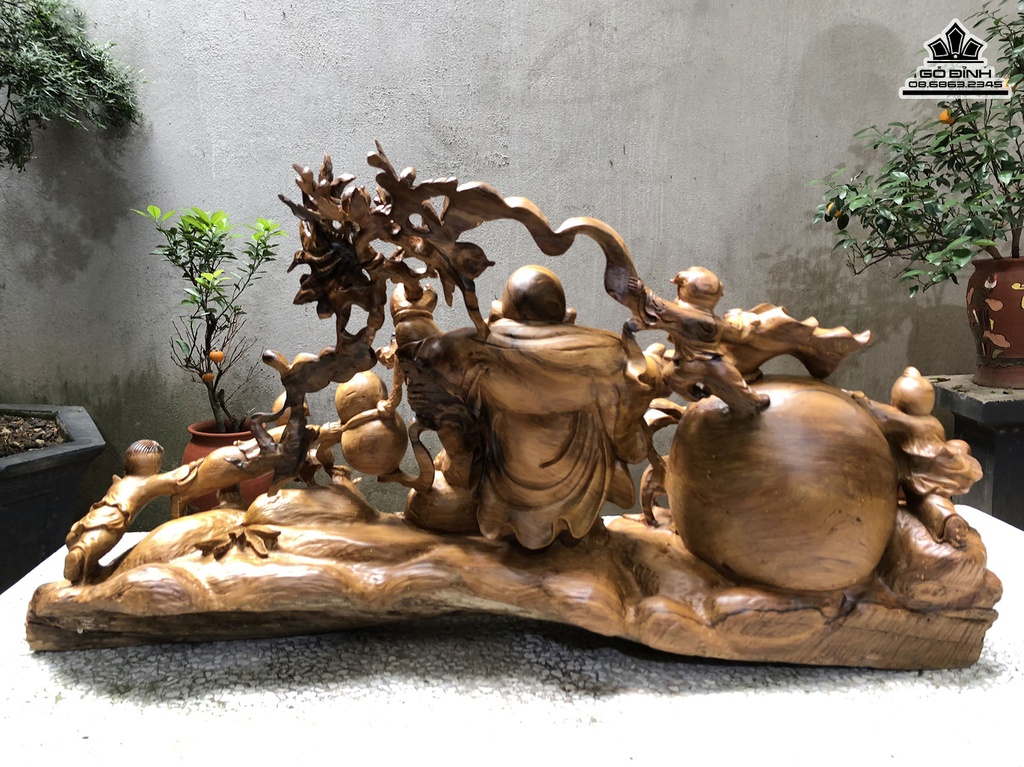 Tượng Phật Di Lặc Ngũ Phúc kéo Bao Tiền Gỗ Bách Xanh Cao 43 Ngang 83 Sâu 23 (cm) 2