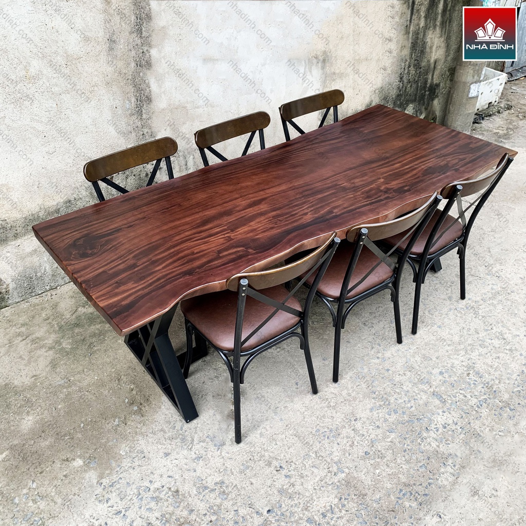 Bàn 6 Ghế Gỗ Me Tây Nguyên Khối Dài 213 Rộng 90-80-79 Dày 4,8 Cao 75 (cm) 2