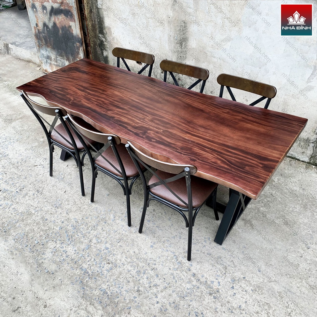 Bàn 6 Ghế Gỗ Me Tây Nguyên Khối Dài 213 Rộng 90-80-79 Dày 4,8 Cao 75 (cm) 4