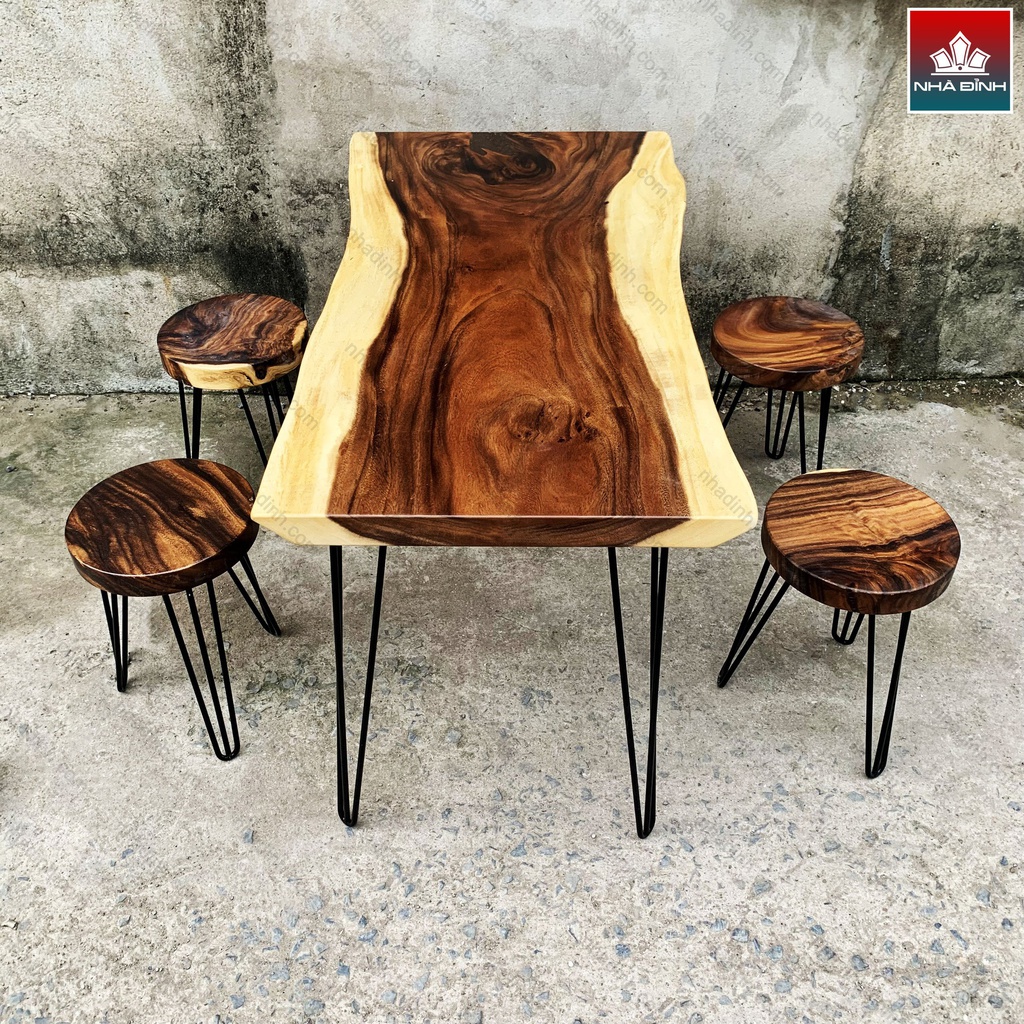 Bộ Bàn Uống Trà 4 Ghế Gỗ Me Tây Nguyên Khối Dài 123 Rộng 60-56-67 Cao 75 (cm) 2