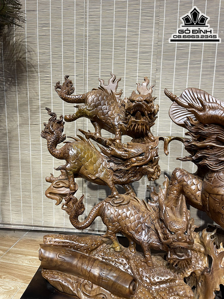 Tượng Kỳ Lân (Ngũ Lân) Gỗ Xá Xị (Gù Hương) Cao 50 Ngang 90 Sâu 26 (cm)2