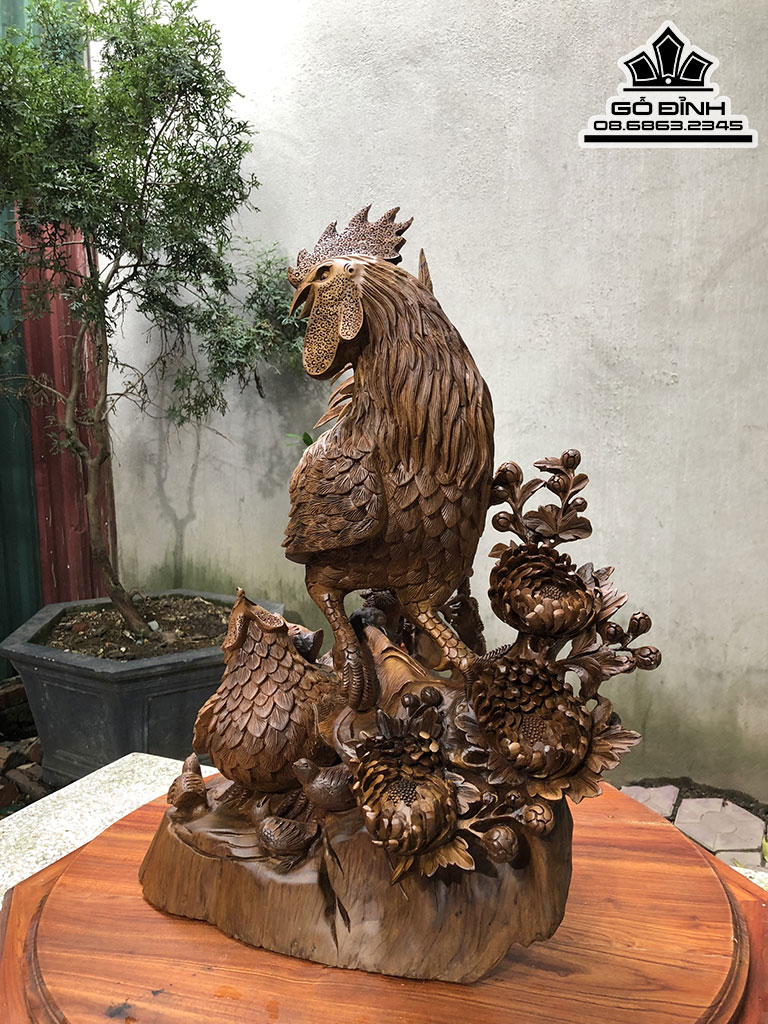 Tượng Gia Đình Gà Gỗ Bách Xanh Cao 62 Ngang 46 Sâu 40 (cm) 1