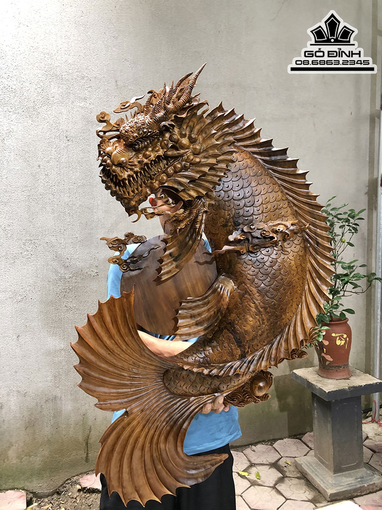 Tượng Cá Hóa Rồng Gỗ Bách Xanh Treo Tường Cao 95 Ngang 63 Sâu 11 (cm) 0