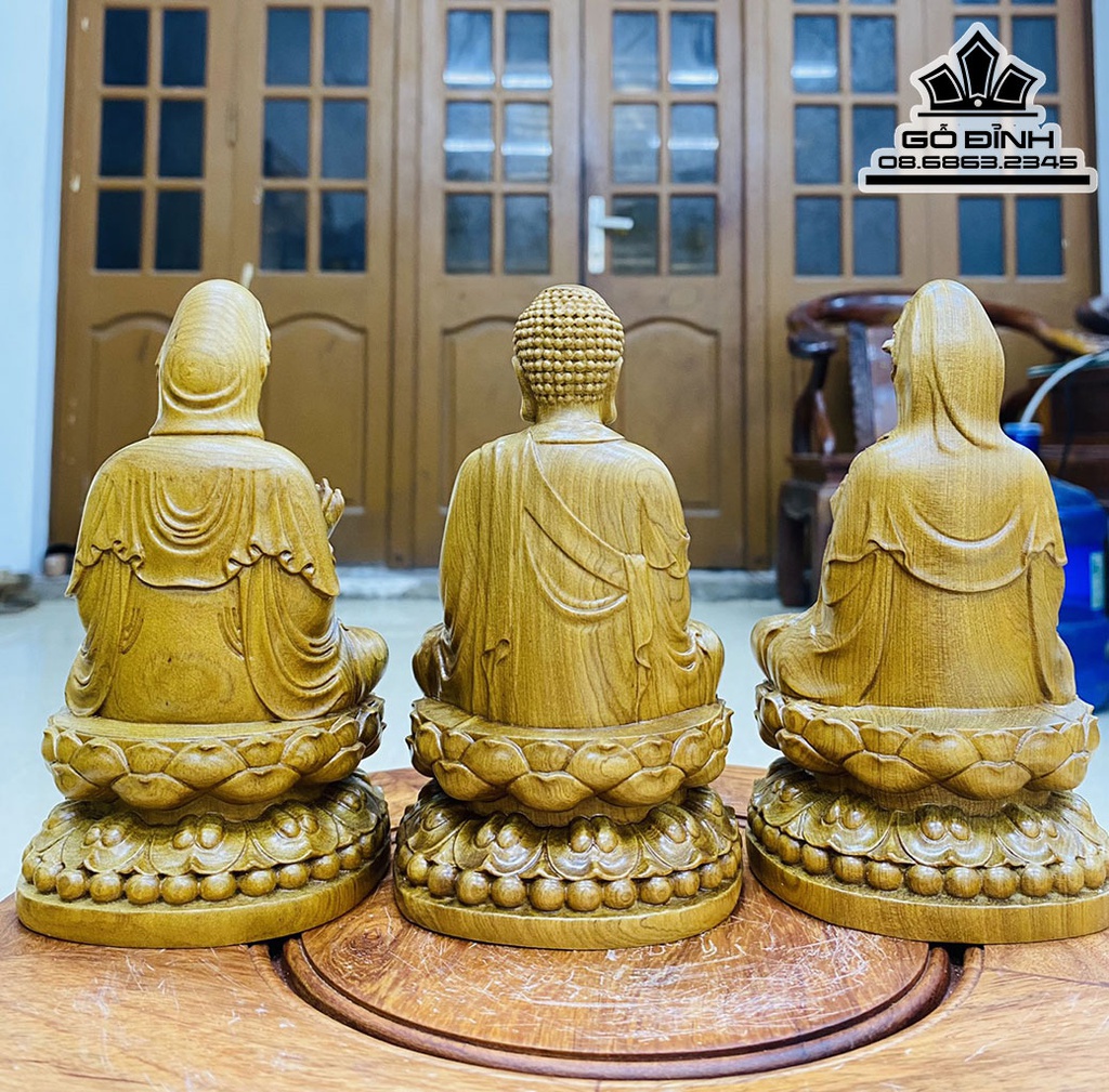 Tượng Tam Thế Phật Để Ô Tô Gỗ Bách Xanh Cao 15 Ngang 8.5 Sâu 8.5 (cm) 1