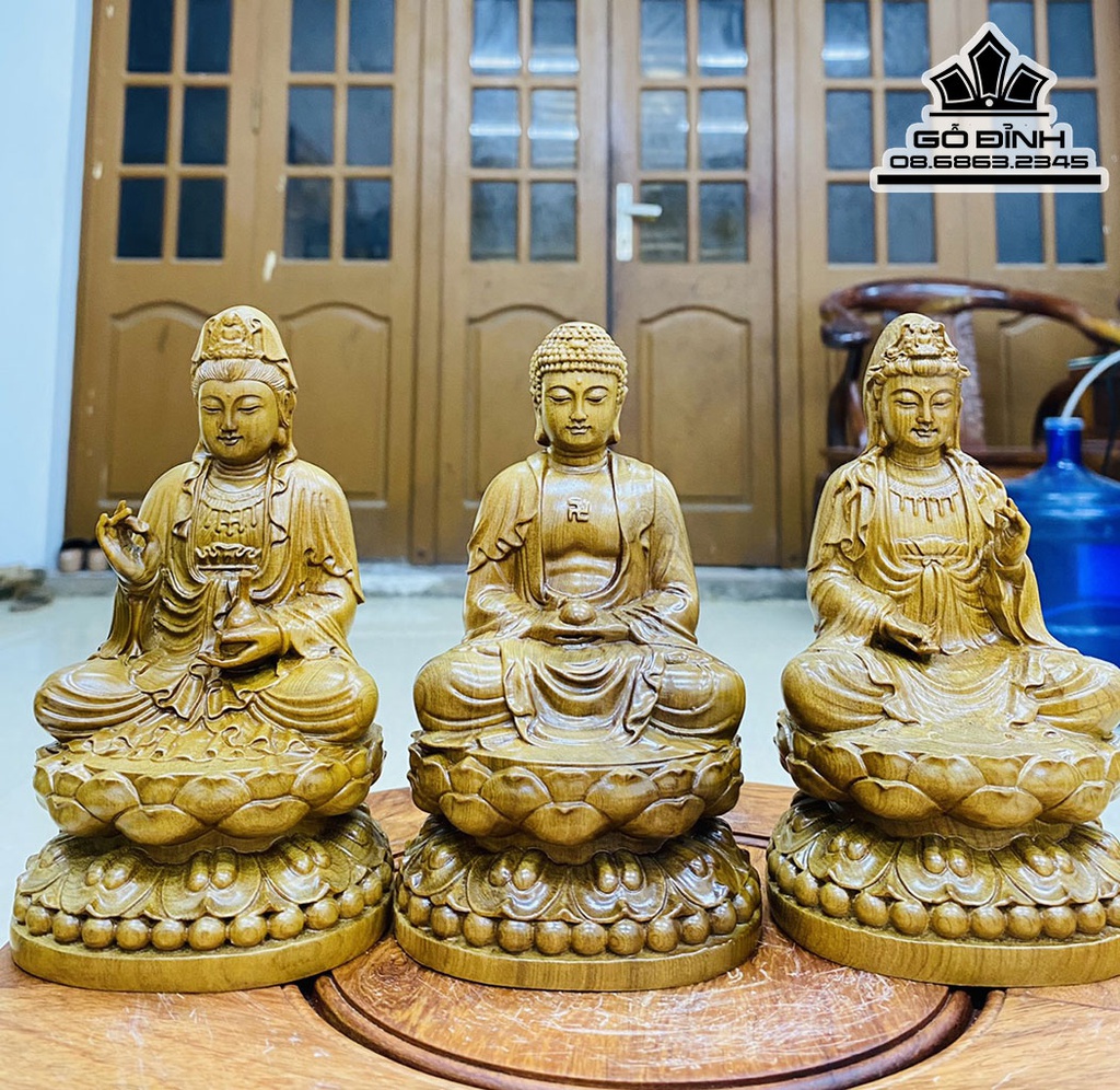 Tượng Tam Thế Phật Để Ô Tô Gỗ Bách Xanh Cao 15 Ngang 8.5 Sâu 8.5 (cm) 2