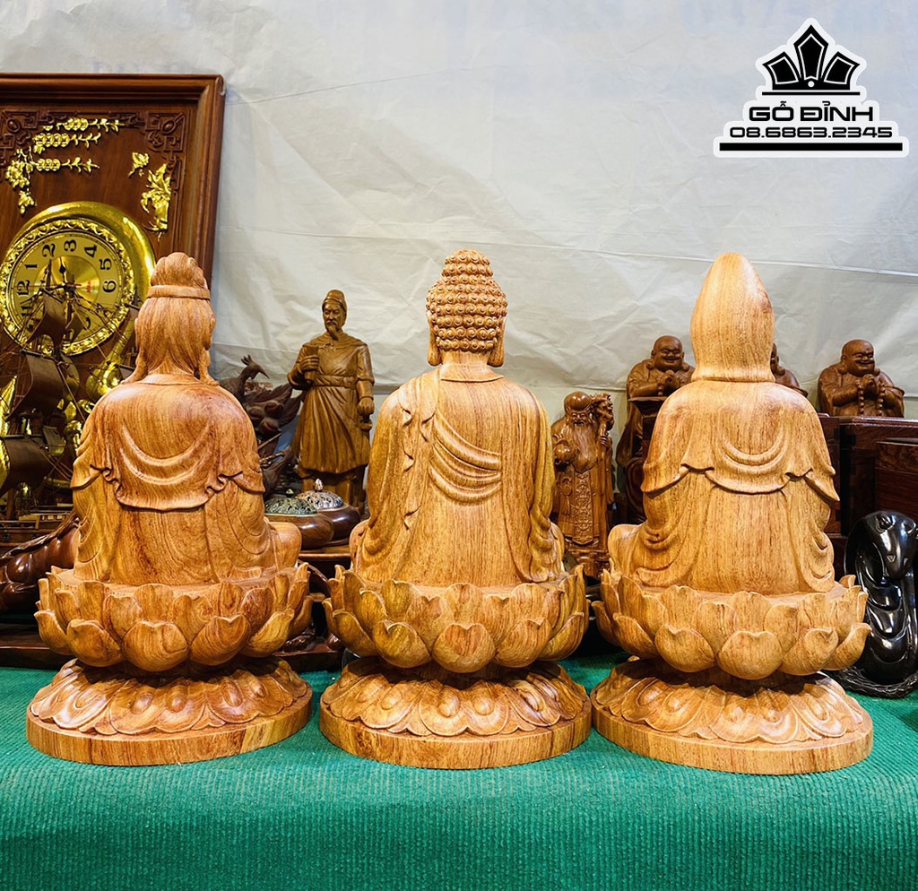Tượng Tam Thế Phật Gỗ Hương Đá Nguyên Khối Cao 40 Ngang 23 Sâu 23 (cm) 0