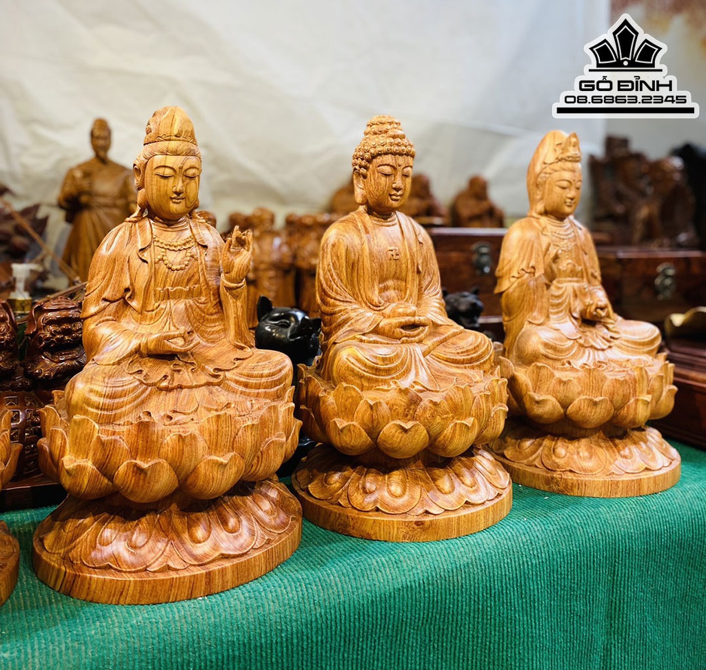 Tượng Tam Thế Phật Gỗ Hương Đá Nguyên Khối Cao 40 Ngang 23 Sâu 23 (cm) 1