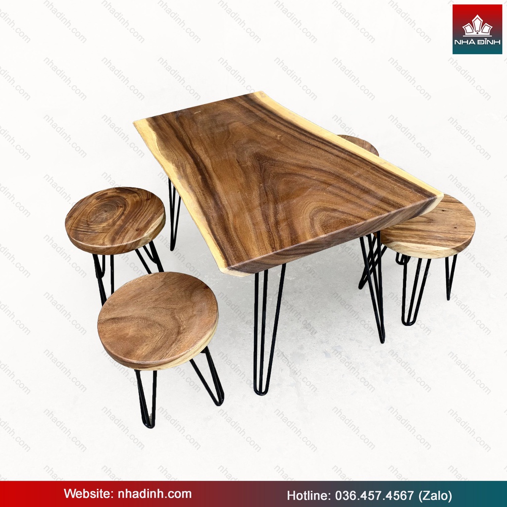 Bộ Bàn Trà 4 Ghế Gỗ Me Tây Dài 72 Rộng 48-52-61 Dày 4.6 Cao 55 (cm) 2