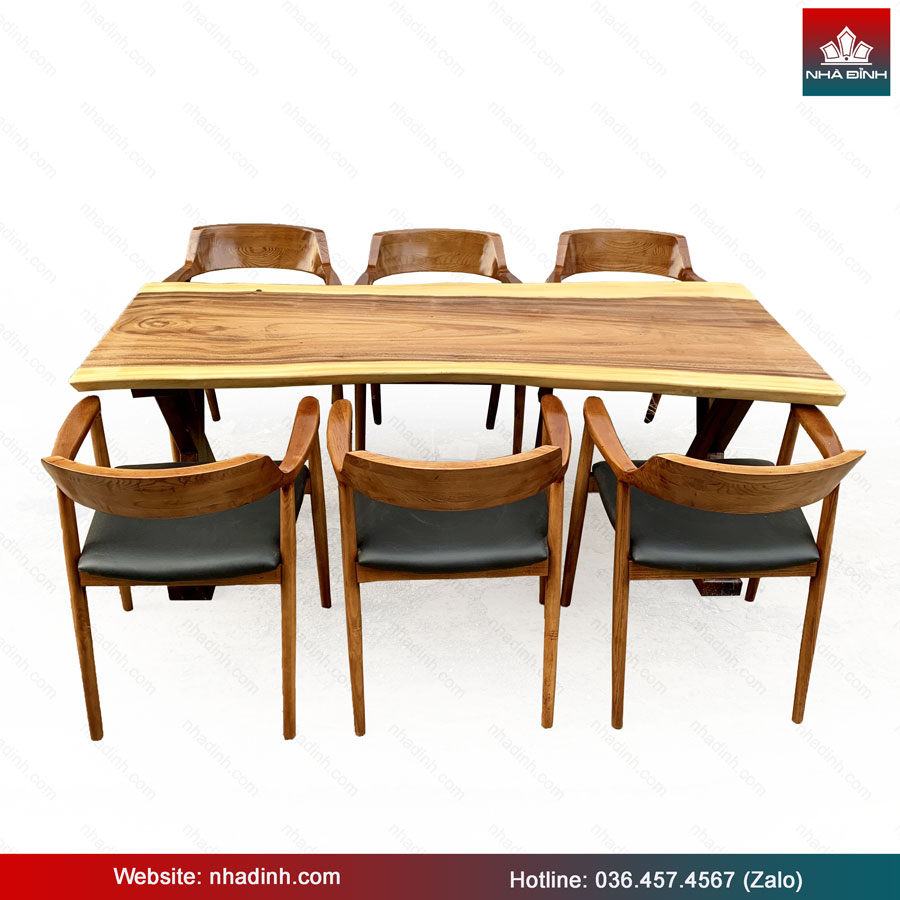 Bàn Ăn 6 Ghế Gỗ Me Tây Nguyên Khối Dài 185 Rộng 70-66-80 Cao 75 (cm)