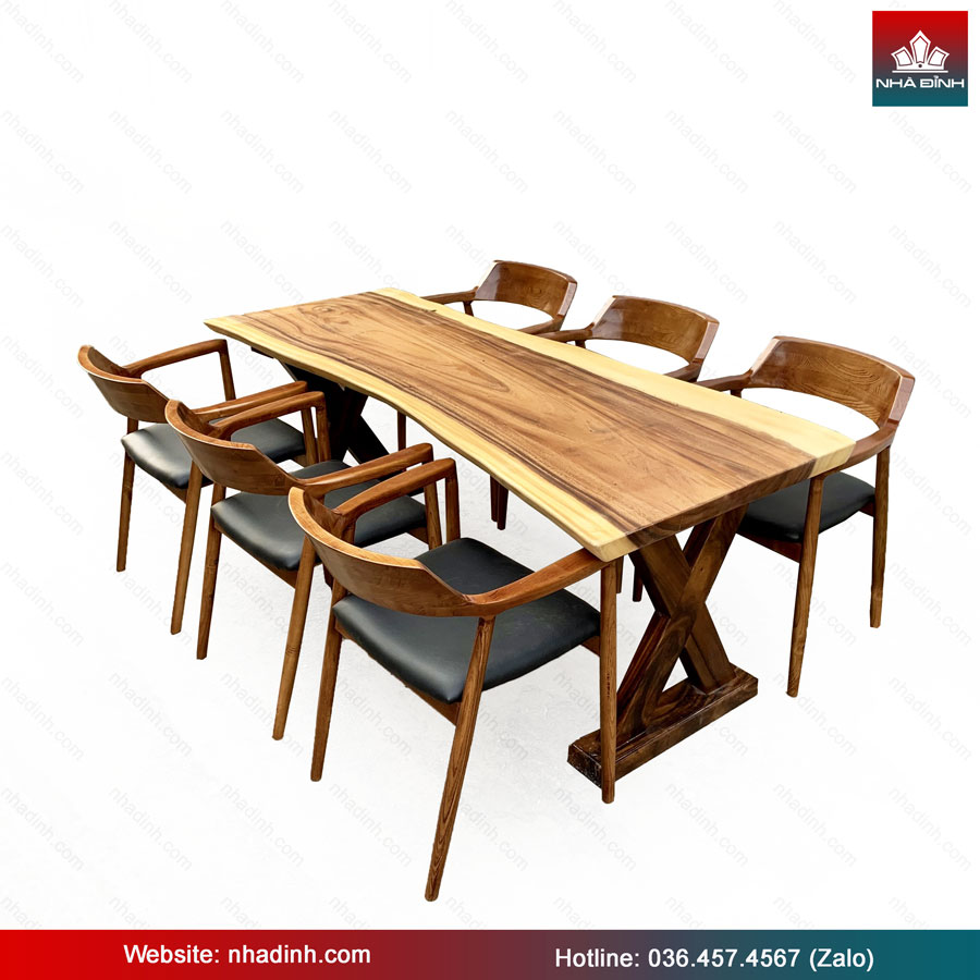 Bàn Ăn 6 Ghế Gỗ Me Tây Nguyên Khối Dài 185 Rộng 70-66-80 Cao 75 (cm)