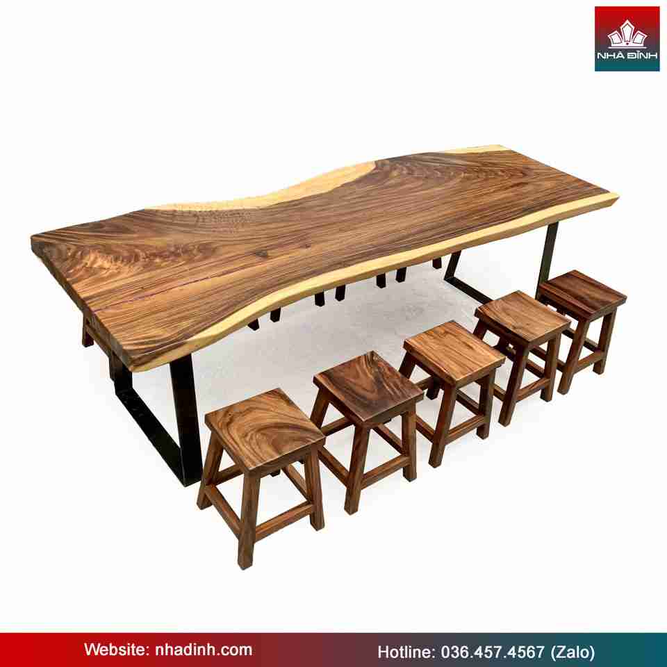 Bàn 10 Ghế Đẩu Gỗ Me Tây Nguyên Khối Dài 255 Rộng 81-85-92 Dày 6.7 Cao 75 (cm)