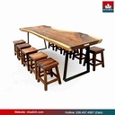 Bàn 10 Ghế Đẩu Gỗ Me Tây Nguyên Khối Dài 255 Rộng 81-85-92 Dày 6.7 Cao 75 (cm)