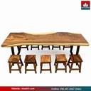 Bàn 10 Ghế Đẩu Gỗ Me Tây Nguyên Khối Dài 255 Rộng 81-85-92 Dày 6.7 Cao 75 (cm)