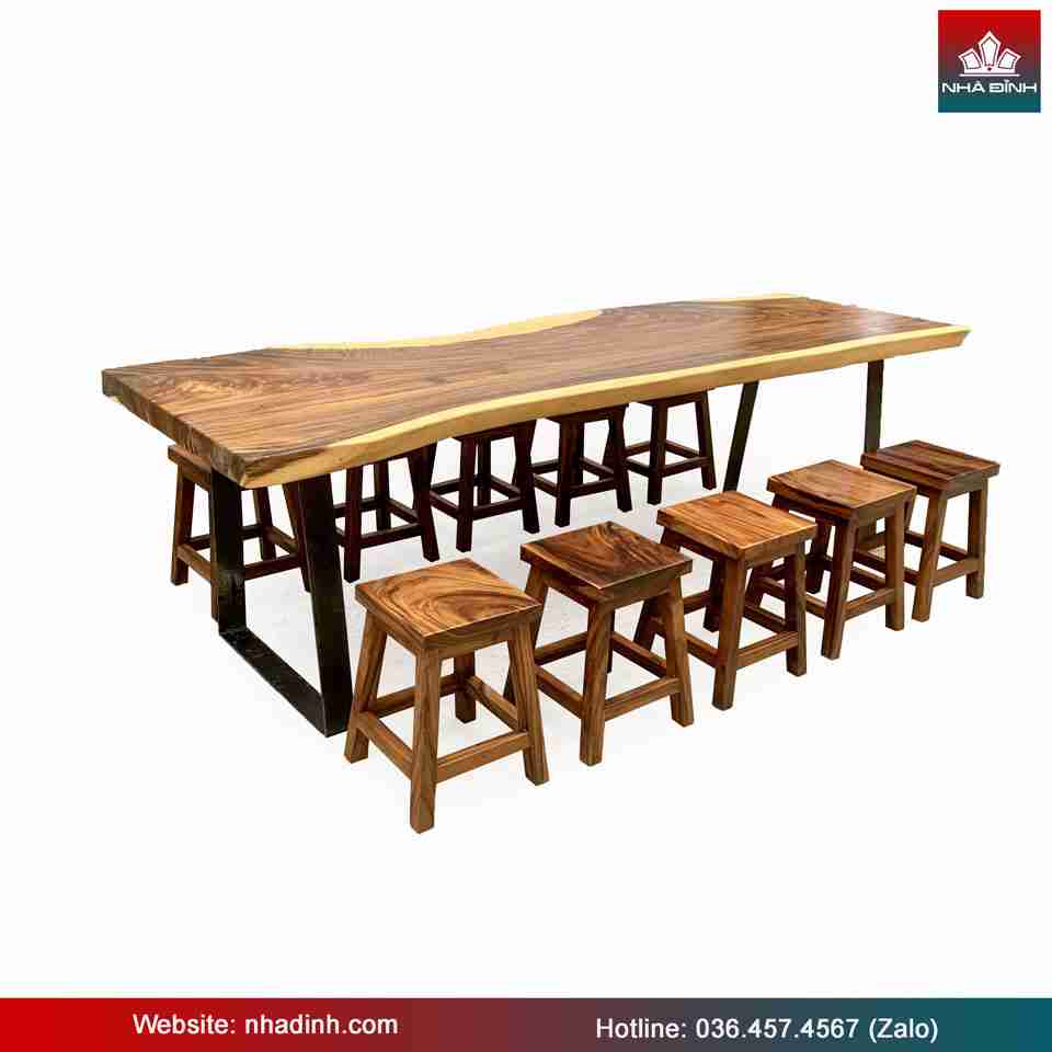 Bàn 10 Ghế Đẩu Gỗ Me Tây Nguyên Khối Dài 255 Rộng 81-85-92 Dày 6.7 Cao 75 (cm)