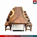 Bàn 10 Ghế Đẩu Gỗ Me Tây Nguyên Khối Dài 255 Rộng 81-85-92 Dày 6.7 Cao 75 (cm)