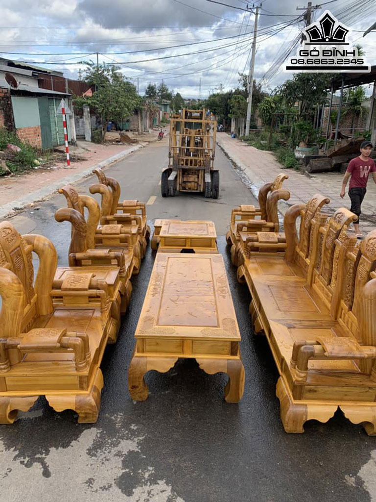 Bộ Bàn Ghế Phòng Khách Tần Thủy Hoàng Gỗ Dổi Chun 12 Món Cột 14