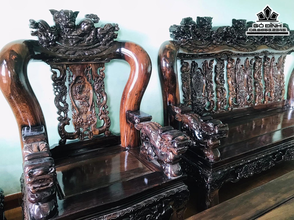 Bộ Salon Chạm Nghê Tay 16 Mười Một Món Gỗ Chiu Liu Bông