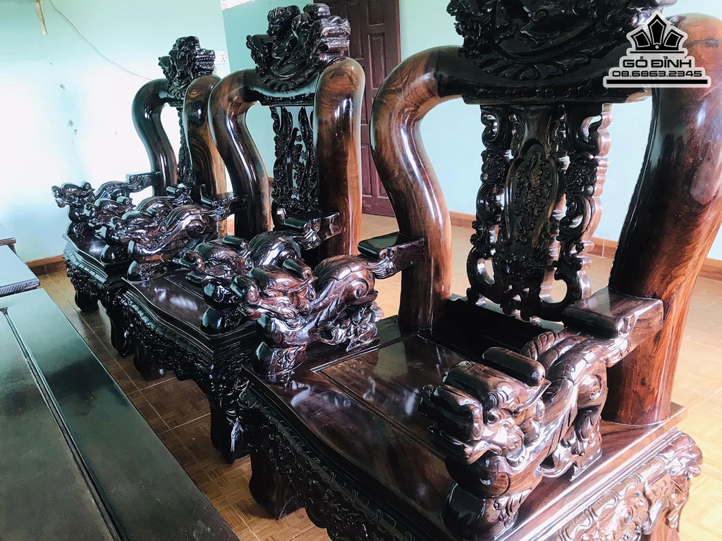 Bộ Salon Chạm Nghê Tay 16 Mười Một Món Gỗ Chiu Liu Bông