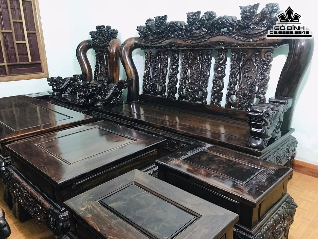 Bộ Salon Chạm Nghê Tay 16 Mười Một Món Gỗ Chiu Liu Bông