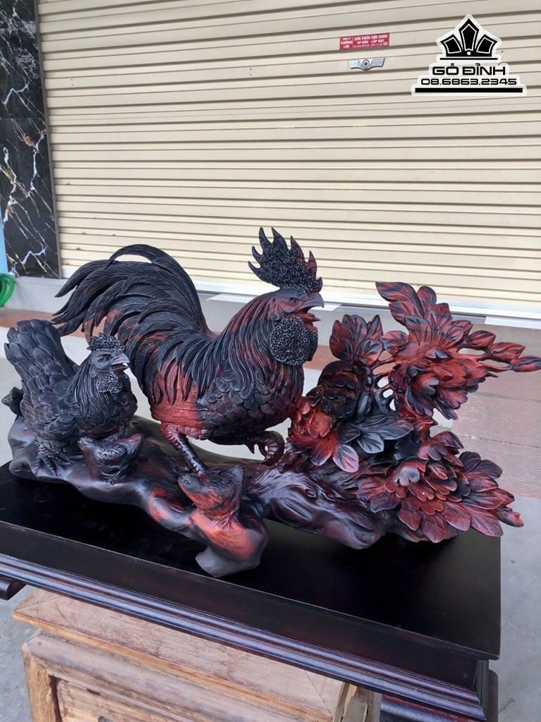 Tượng Gia Đình Gà Gỗ Trắc Cao 42 Ngang 62 Sâu 20 (cm)