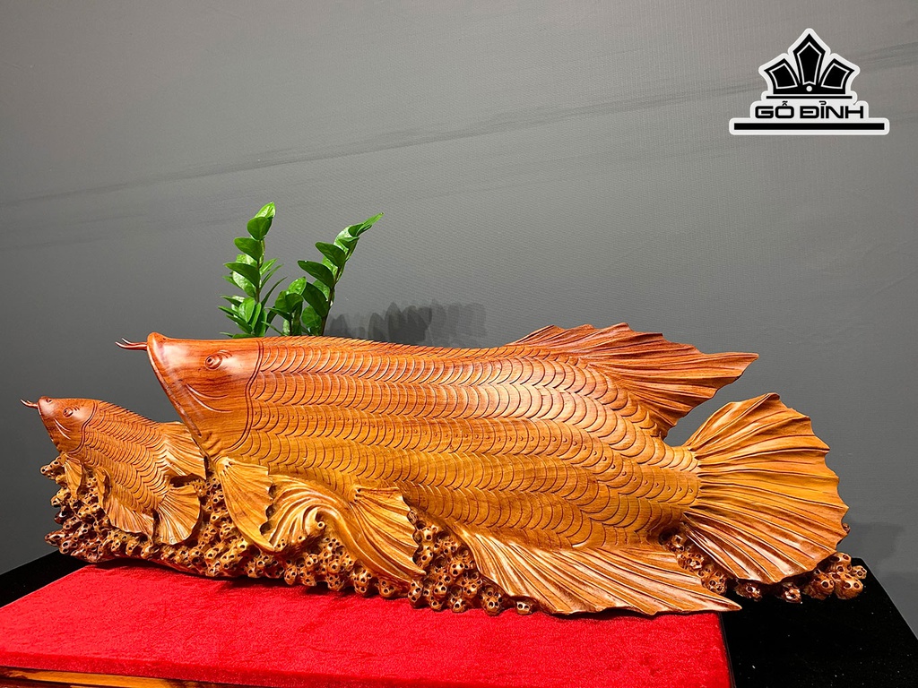 Tượng Cá Kim Long Gỗ Hương Cao 28 Ngang 91 Sâu 16 (cm)