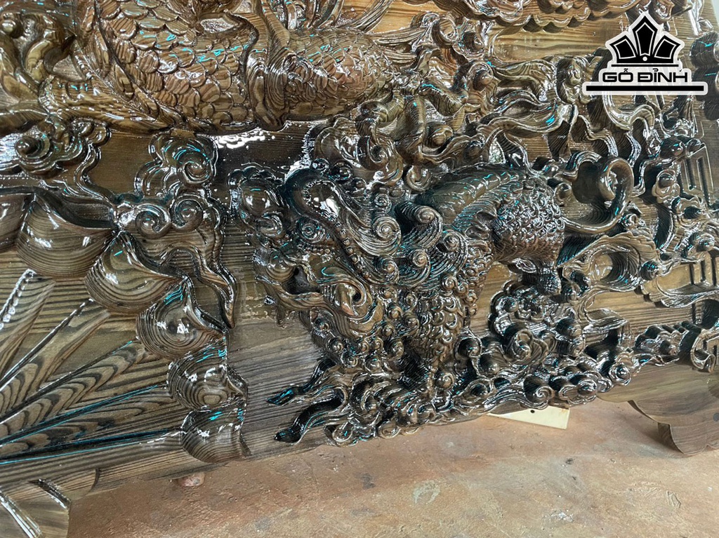 Quạt Tứ Linh Gỗ Thủy Tùng Cao 120 Ngang 150 Sâu 7 (cm)